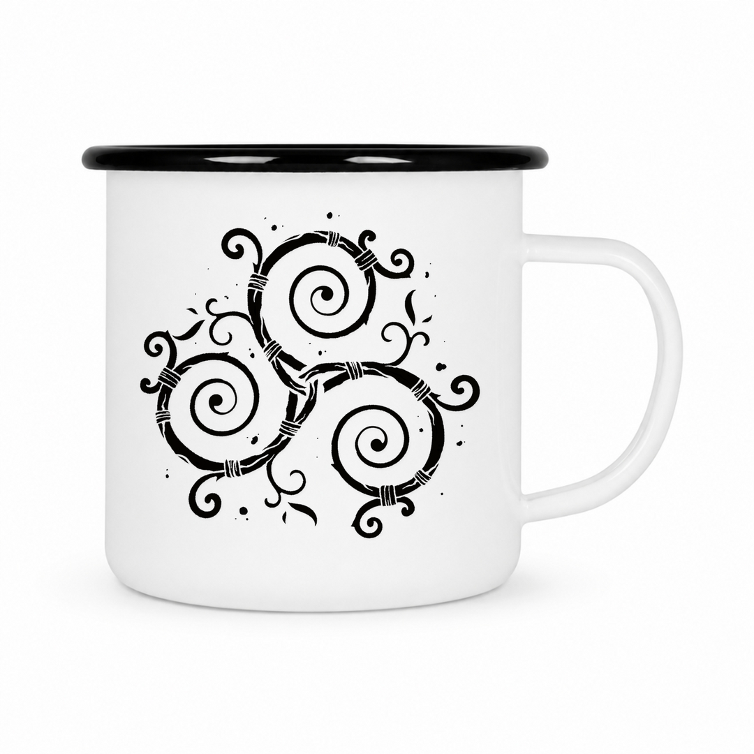 Triskel - Keramiktasse Emailletasse Weiß 12 oz – mit farbigem Rand - schwarz
