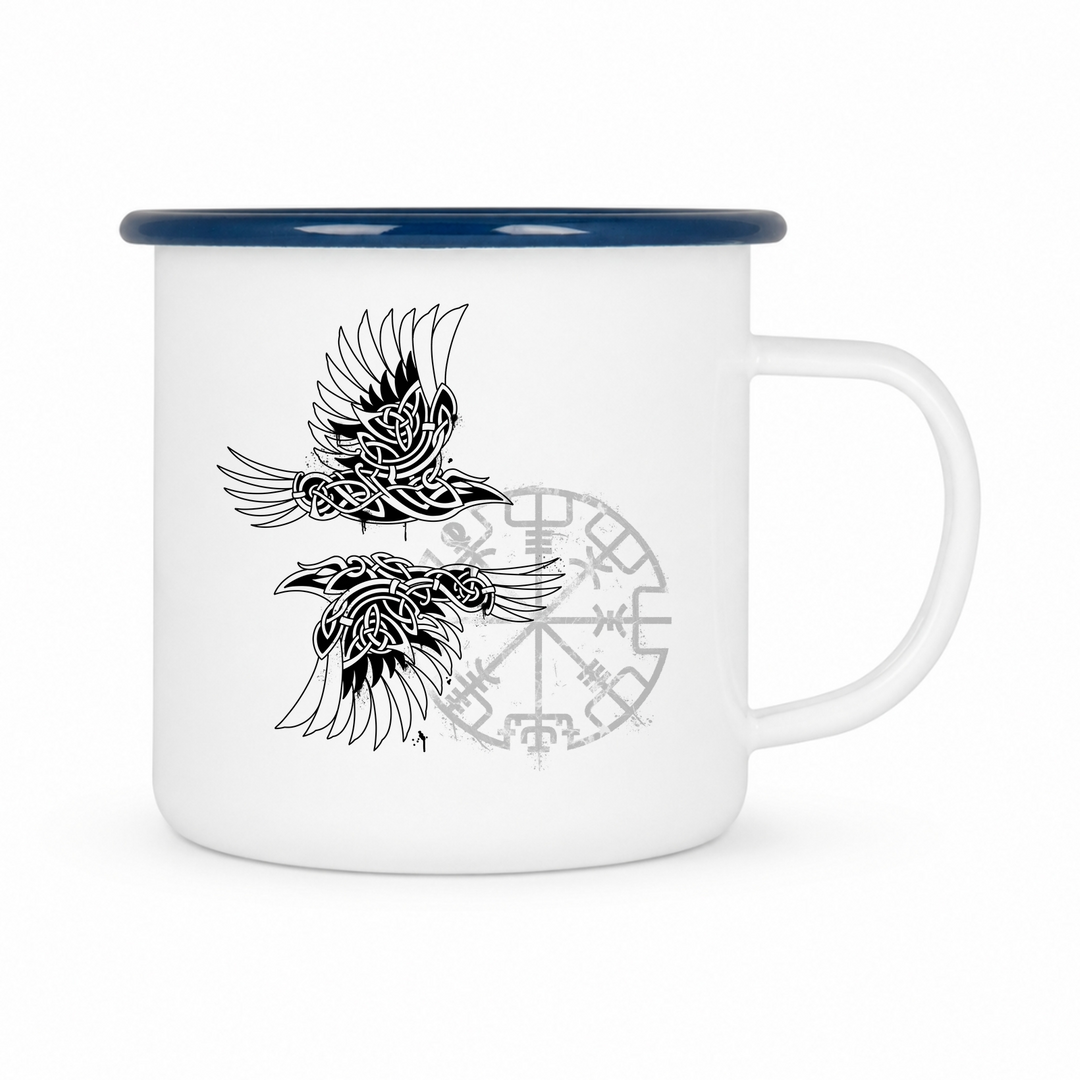 Munin & Hugin - Keramiktasse Emailletasse Weiß 12 oz – mit farbigem Rand - blau