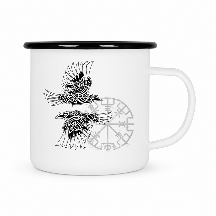 Munin & Hugin - Keramiktasse Emailletasse Weiß 12 oz – mit farbigem Rand - schwarz