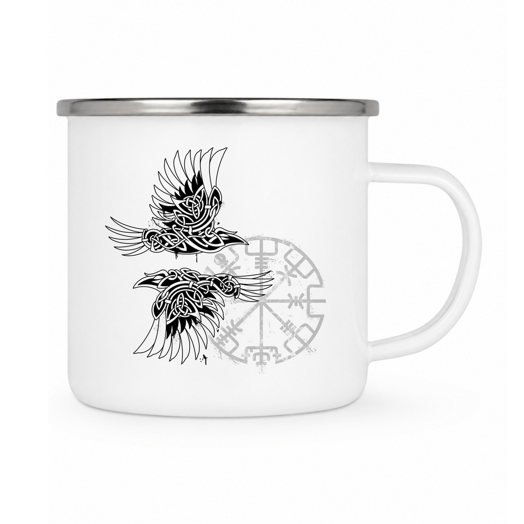 Munin & Hugin - Keramiktasse Emailletasse Weiß 12 oz – mit farbigem Rand - silber