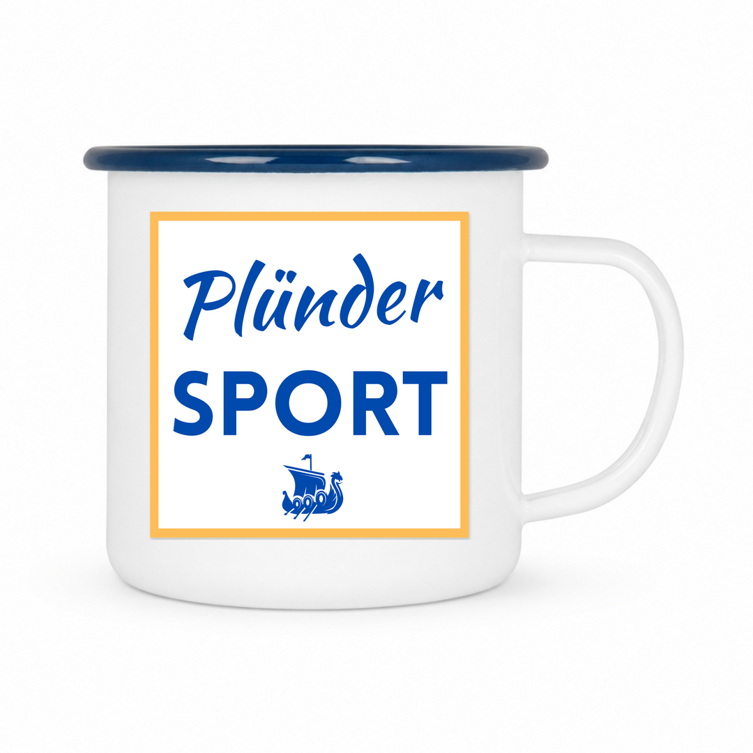 Plünder Sport - Keramiktasse Emailletasse Weiß 12 oz – mit farbigem Rand - blau