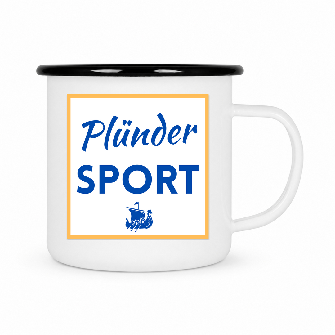 Plünder Sport - Keramiktasse Emailletasse Weiß 12 oz – mit farbigem Rand - schwarz