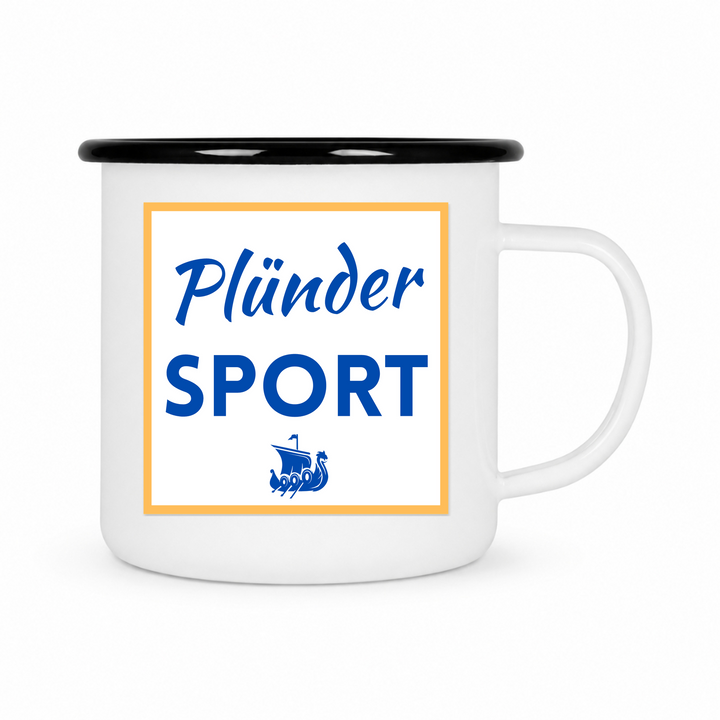 Plünder Sport - Keramiktasse Emailletasse Weiß 12 oz – mit farbigem Rand - schwarz