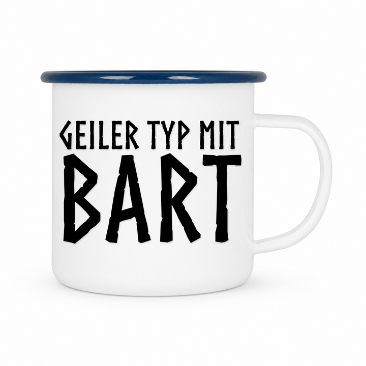 Geiler Typ mit Bart - Keramiktasse Emailletasse Weiß 12 oz – mit farbigem Rand - blau