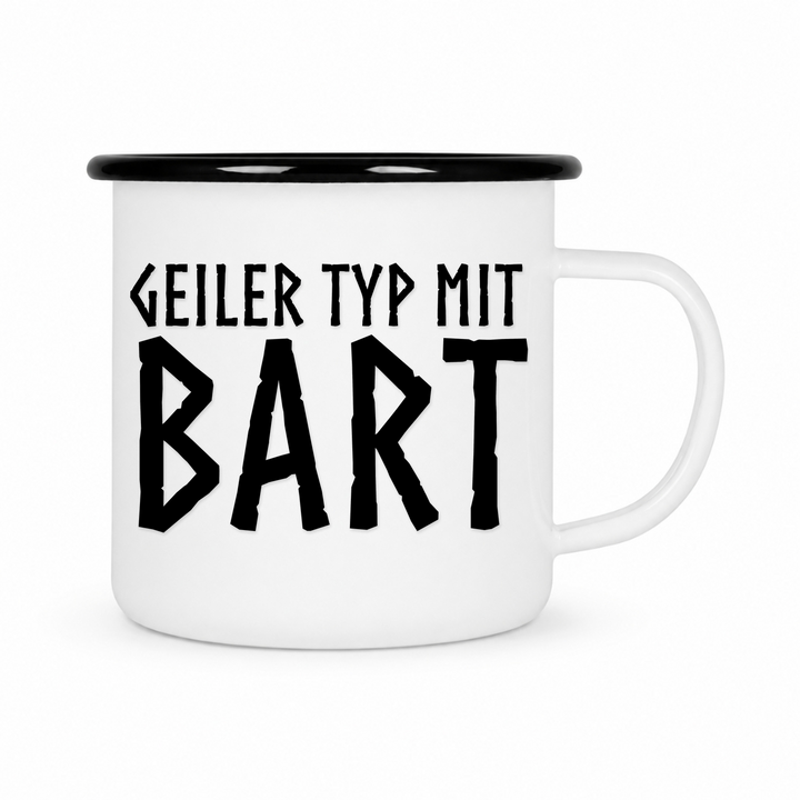 Geiler Typ mit Bart - Keramiktasse Emailletasse Weiß 12 oz – mit farbigem Rand - schwarz