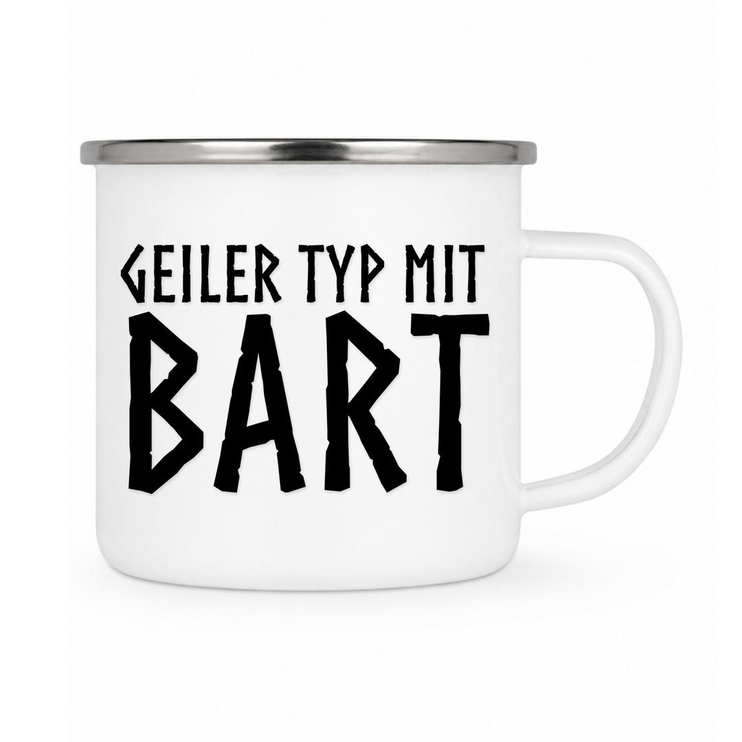Geiler Typ mit Bart - Keramiktasse Emailletasse Weiß 12 oz – mit farbigem Rand - silber