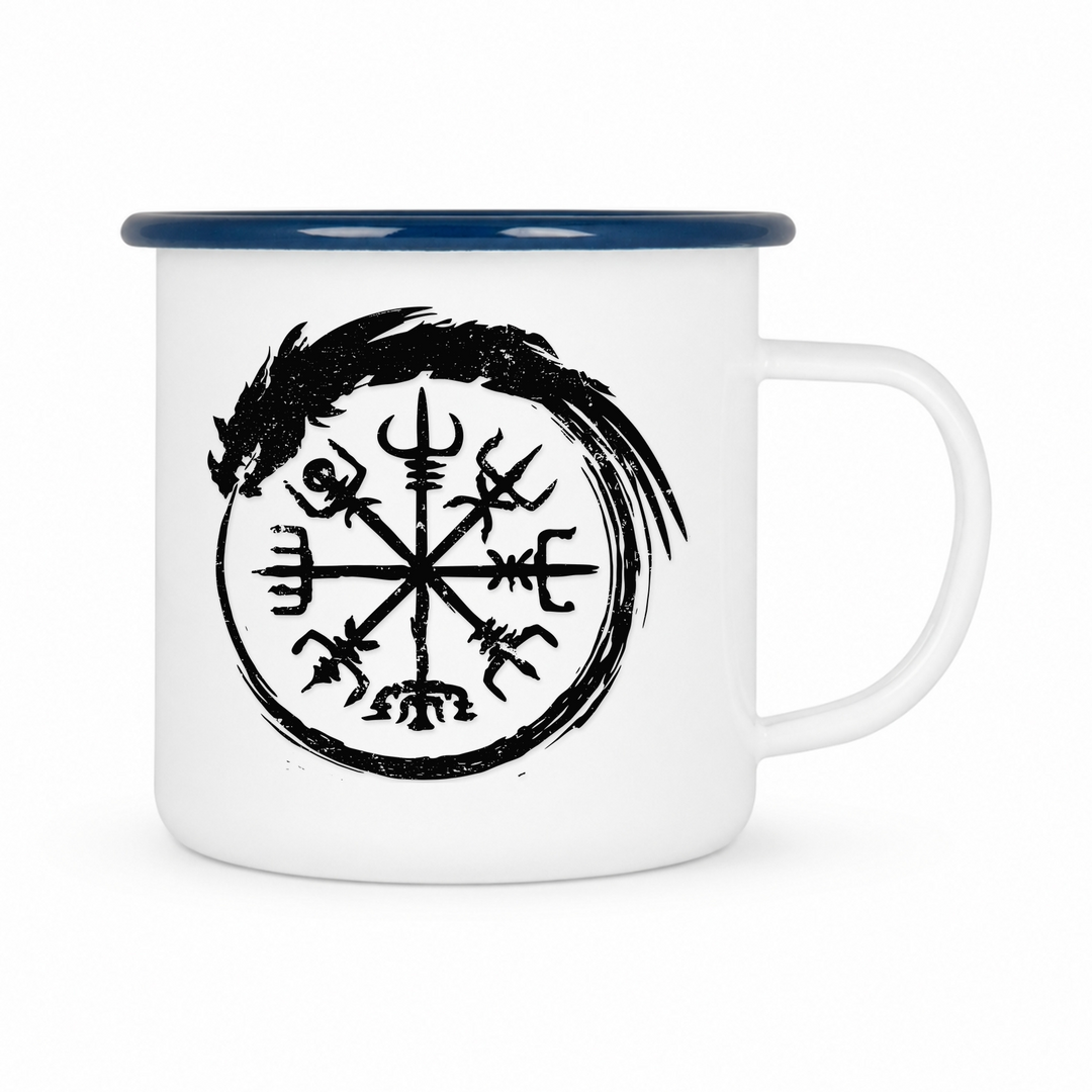 Vegvisir Schlange - Keramiktasse Emailletasse Weiß 12 oz – mit farbigem Rand - blau