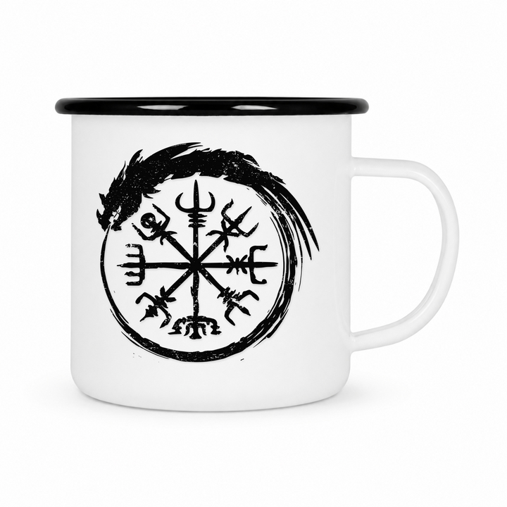 Vegvisir Schlange - Keramiktasse Emailletasse Weiß 12 oz – mit farbigem Rand - schwarz