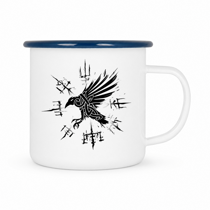 Rabe Vegvisir - Keramiktasse Emailletasse Weiß 12 oz – mit farbigem Rand - blau