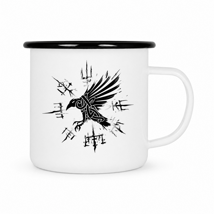 Rabe Vegvisir - Keramiktasse Emailletasse Weiß 12 oz – mit farbigem Rand - schwarz