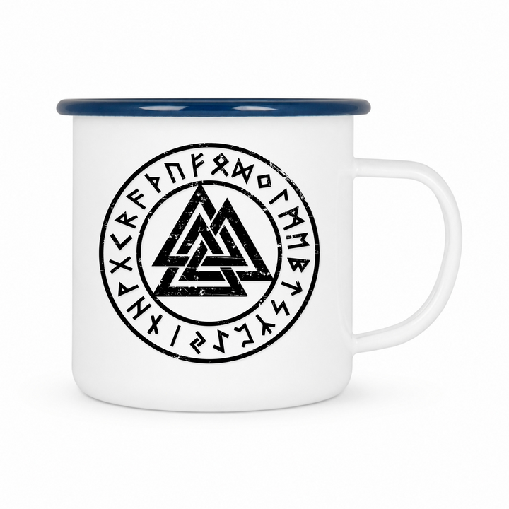 Valknut - Keramiktasse Emailletasse Weiß 12 oz – mit farbigem Rand - blau