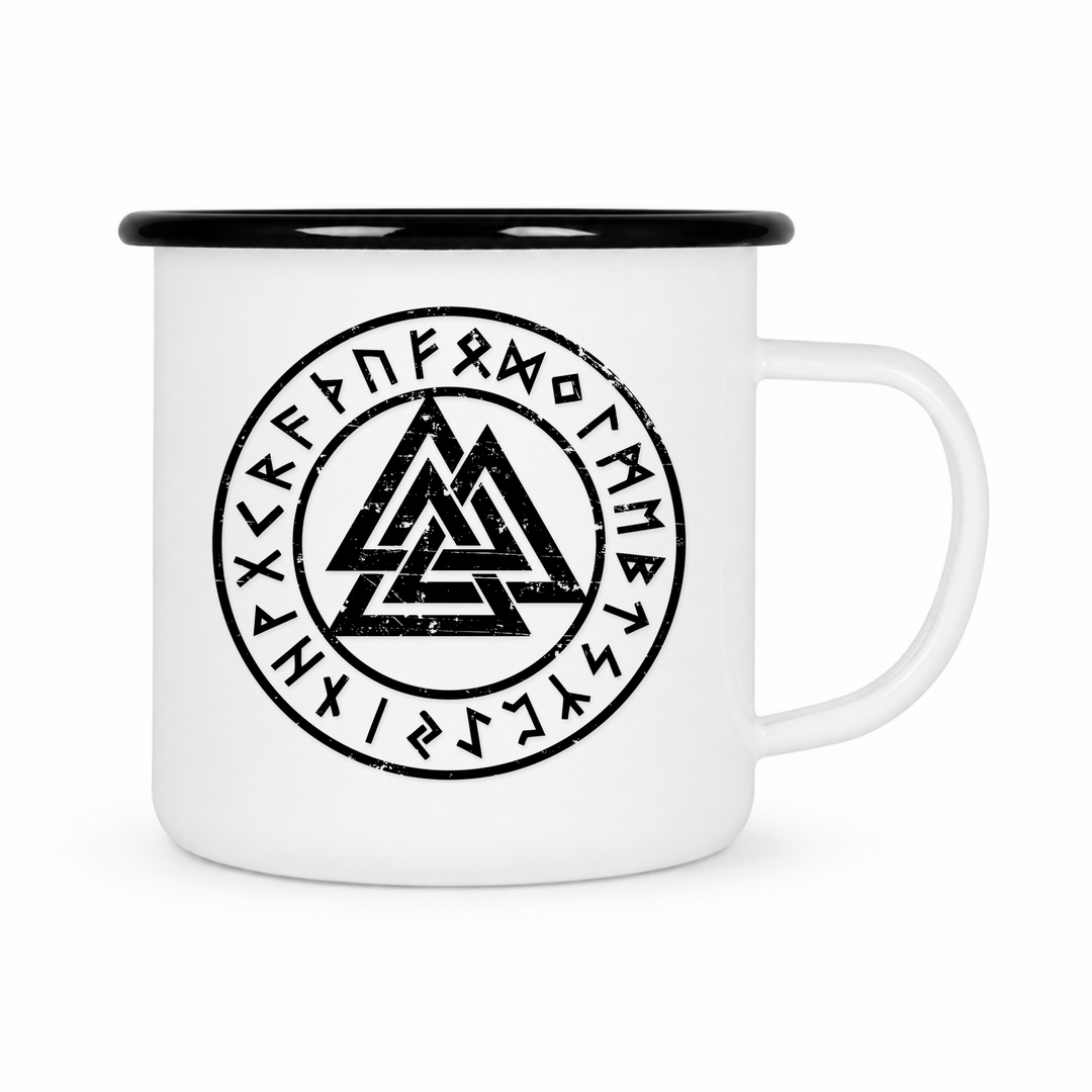 Valknut - Keramiktasse Emailletasse Weiß 12 oz – mit farbigem Rand - schwarz