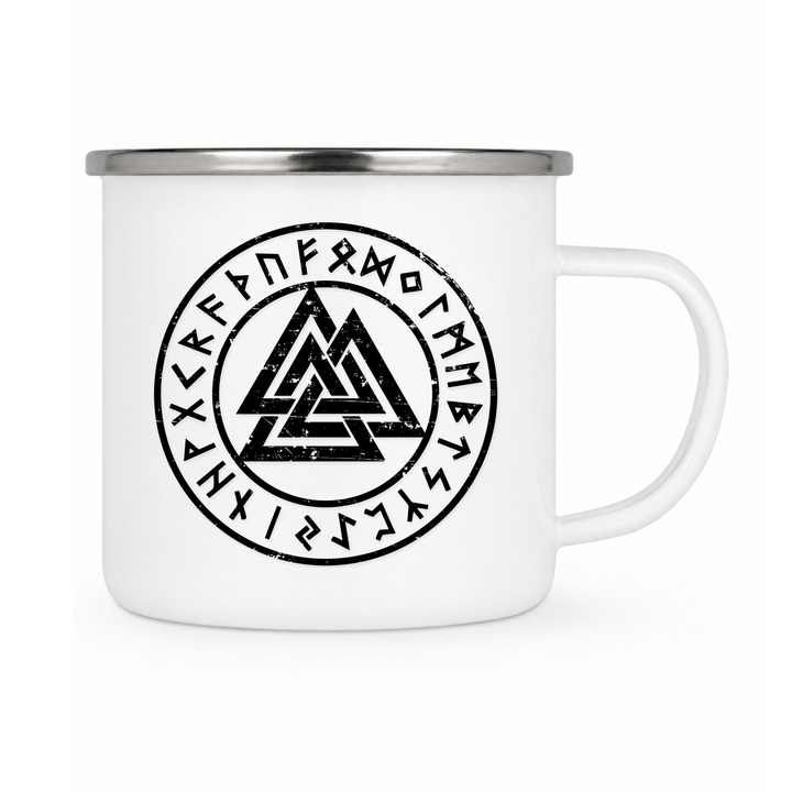Valknut - Keramiktasse Emailletasse Weiß 12 oz – mit farbigem Rand - silber