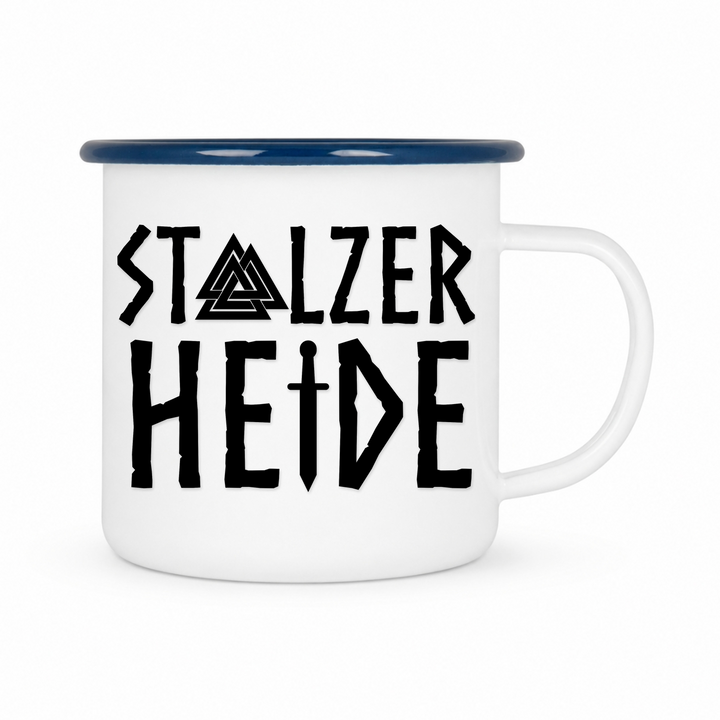 Stolzer Heide - Keramiktasse Emailletasse Weiß 12 oz – mit farbigem Rand - blau