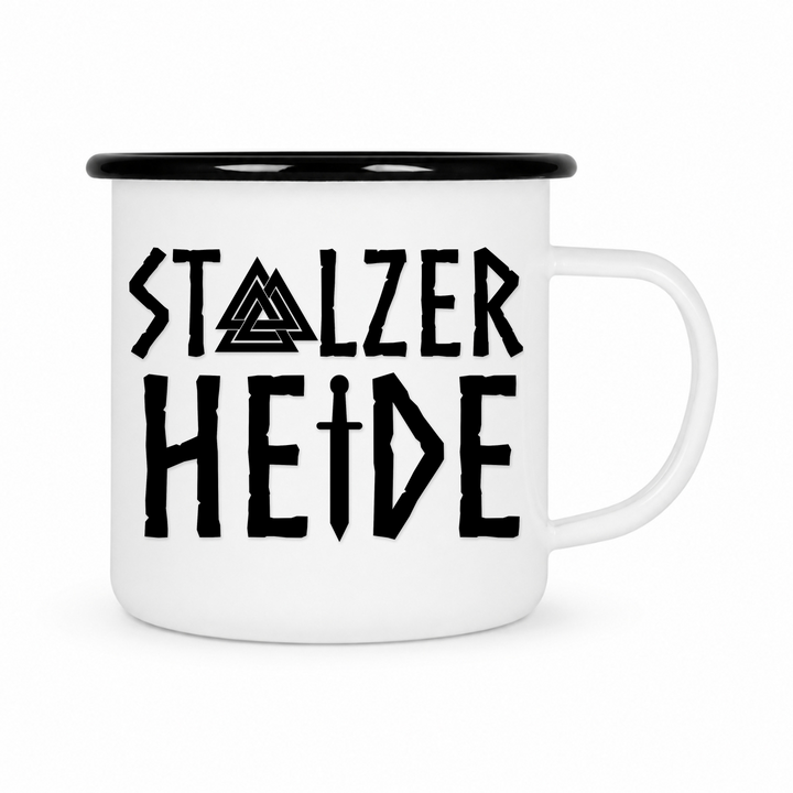 Stolzer Heide - Keramiktasse Emailletasse Weiß 12 oz – mit farbigem Rand - schwarz