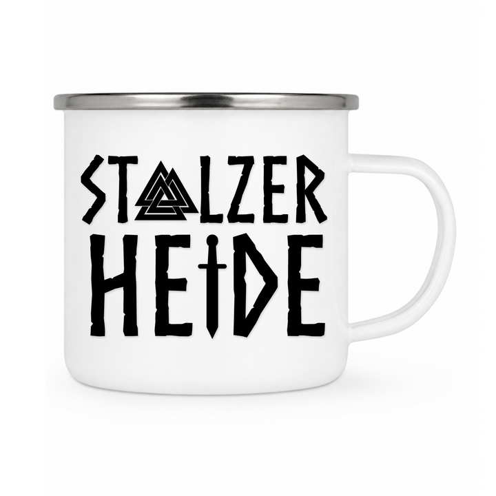Stolzer Heide - Keramiktasse Emailletasse Weiß 12 oz – mit farbigem Rand - silber